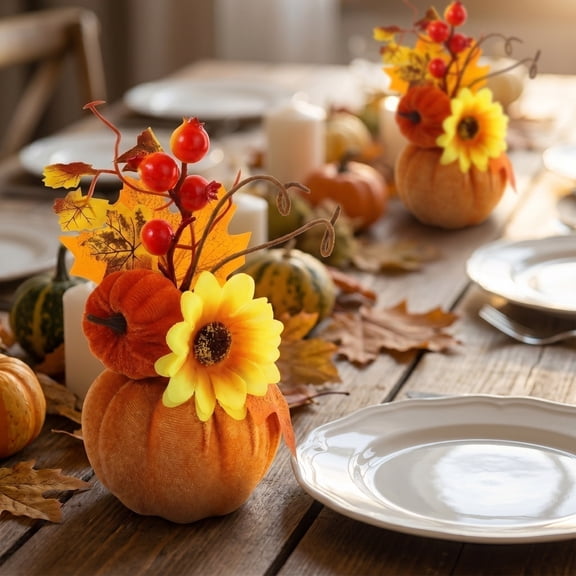 GoLucid Halloween Velvet Pumpkin Floral Arrangement Set of 2, 7.87" Harvest Pumpkin with Sunflower Berry Picks, Tabletop Fall Decor