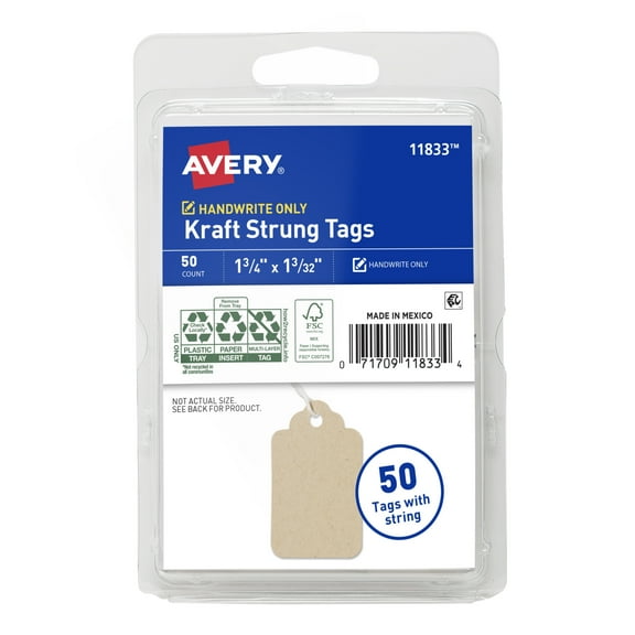 Avery String Tag Labels, Paper, Kraft, White String, 1-3/4" x 1-3/32", Handwrite, 50 Tags