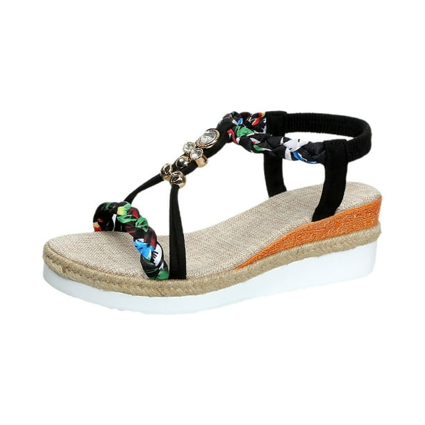 MKLEKYY Sandalias Casuales para Mujer, Con Punta Redonda, Planas, Con Cuña, Trenzadas, Con Cuentas y Punta Abierta, Estilo Bohemio, Con Plataforma