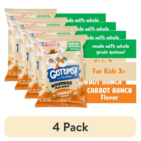 (4 pack) Get'ems from Gerber Carrot Ranch Roundos Puffs Snacks, Kids Snack Made with Whole Grain Quinoa, Calcium to Support Strong Bones 2.25 oz