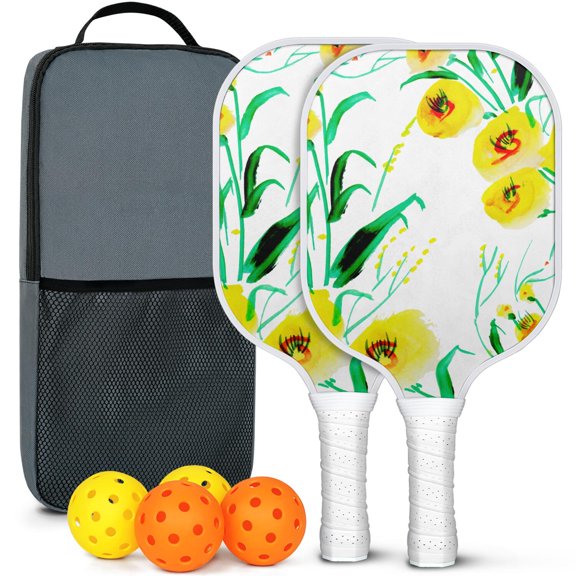 Pickleball Paddles Set Of 2, Fiberglass Surface, Spring Flowers Floral Print, 4 Balls & Bag
