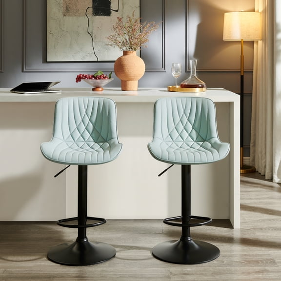 Roundhill Furniture Kovyn Contemporary Adjustable Barstool with Faux Leather Swivel Seats, Set of 2, Blue