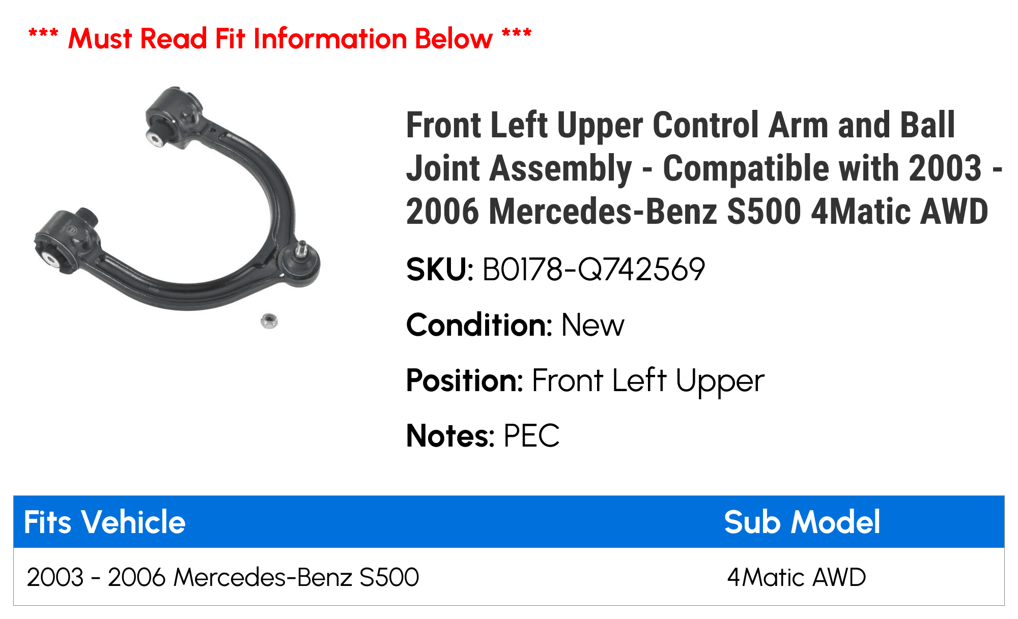 Front Left Upper Control Arm and Ball Joint Assembly - Compatible with 2003 - 2006 Mercedes-Benz S500 4Matic AWD 2004 2005