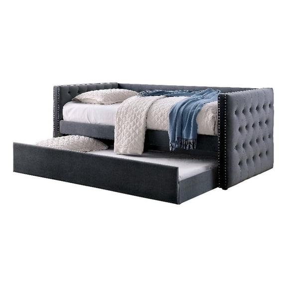 Furniture of America Elazar Wood Tufted Twin Daybed with Trundle in Gray