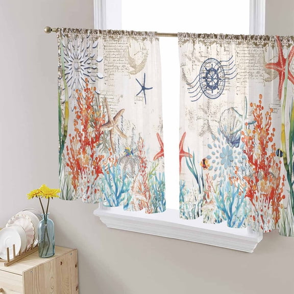 Vintage Coastal Sheer Curtains 45 Inch Length 2 Panels Set for Living Room/Bedroom, Summer Beach Coral Starfish Nautical Curtain Sheers Drapes Rod Pocket Curtains Window Treatment Set 52''x45''x2