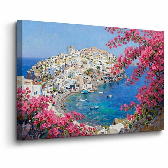 Framed Coastal Town Canvas Wall Art Bedroom Decor Pink Bougainvillea Mediterranean Sea Ocean abstract canvas print for bathroom bedroom living room