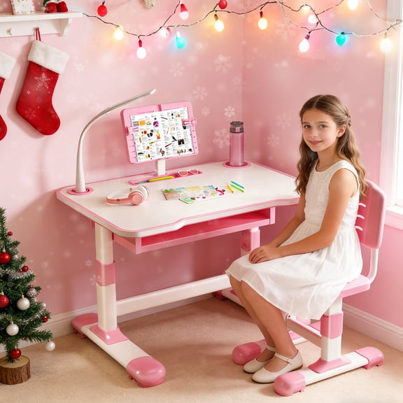 Kids Study Desk Set for Ages 3-18 – with LED Eye-Caring Light, Adjustable Height & Tiltable Top, Large Drawer