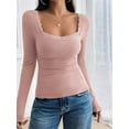 thumbnail image 5 of Womens Long Sleeve Shirts Square Neck Ribbed Knit Crop Tops Fall Outfits Fashion Clothes Lotus Root Pink L, 5 of 9