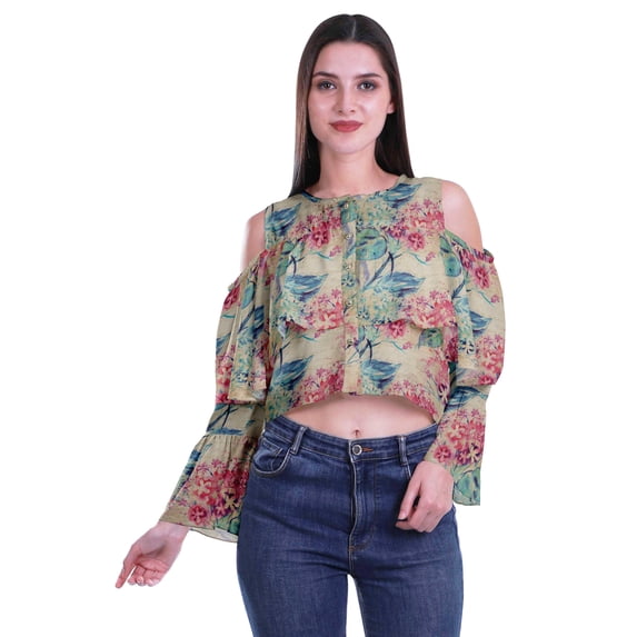 Moomaya Printed Casual Long Sleeve Tops Women Cold Shoulder Ruffle Sleeves Top