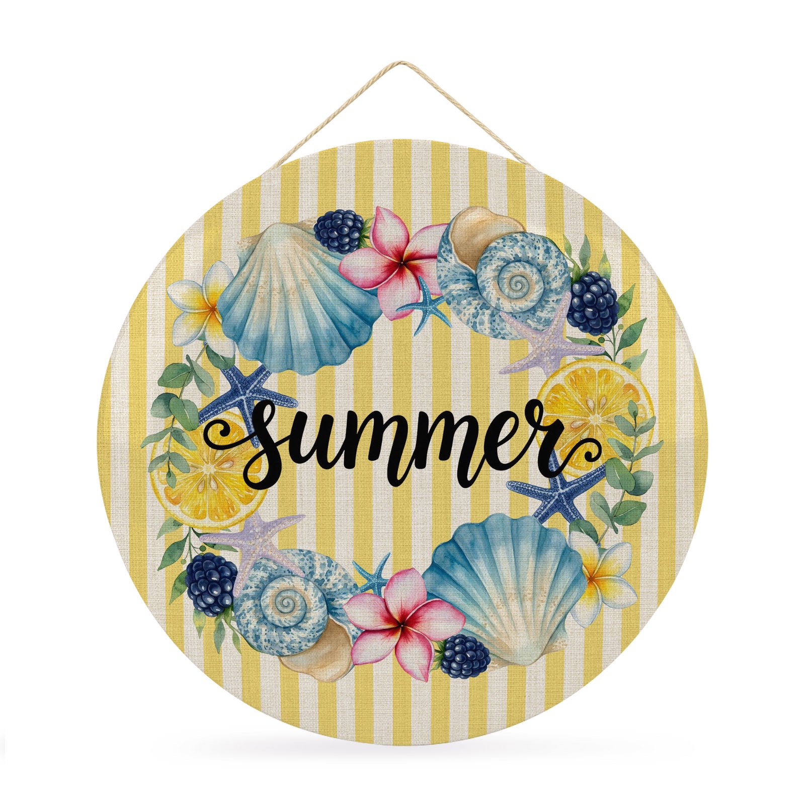 Welcome Sign Front Door Decorations Flowers Coastal Round Wall Art Outdoor Metal Wreaths Spring Floral Nautical Yellow Striped Farmhouse Seasonal Hanging Sign for Home Porch Decor Gift 12 In