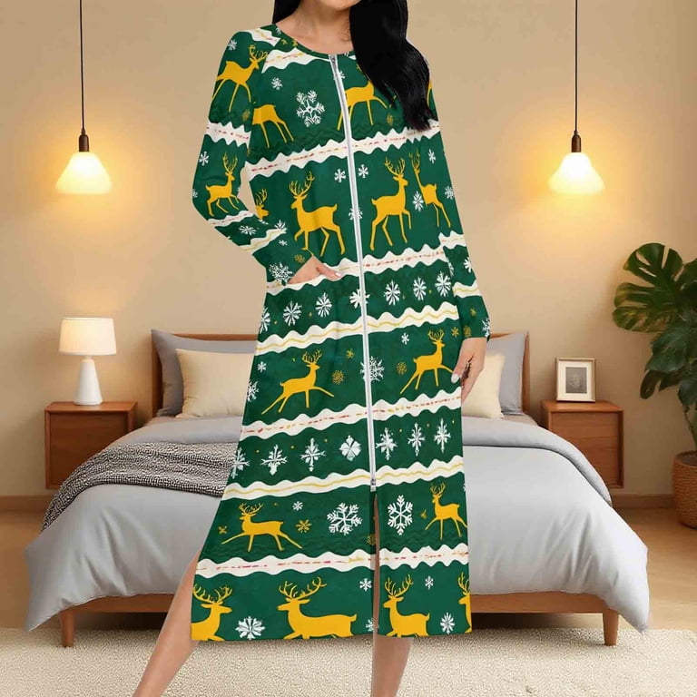 Christmas Dress Women Full Zip Long Dress Plaid Snowflakes Print Nightgown Maxi Dresses Soft Pajamas Loungewear (M, Green 01)