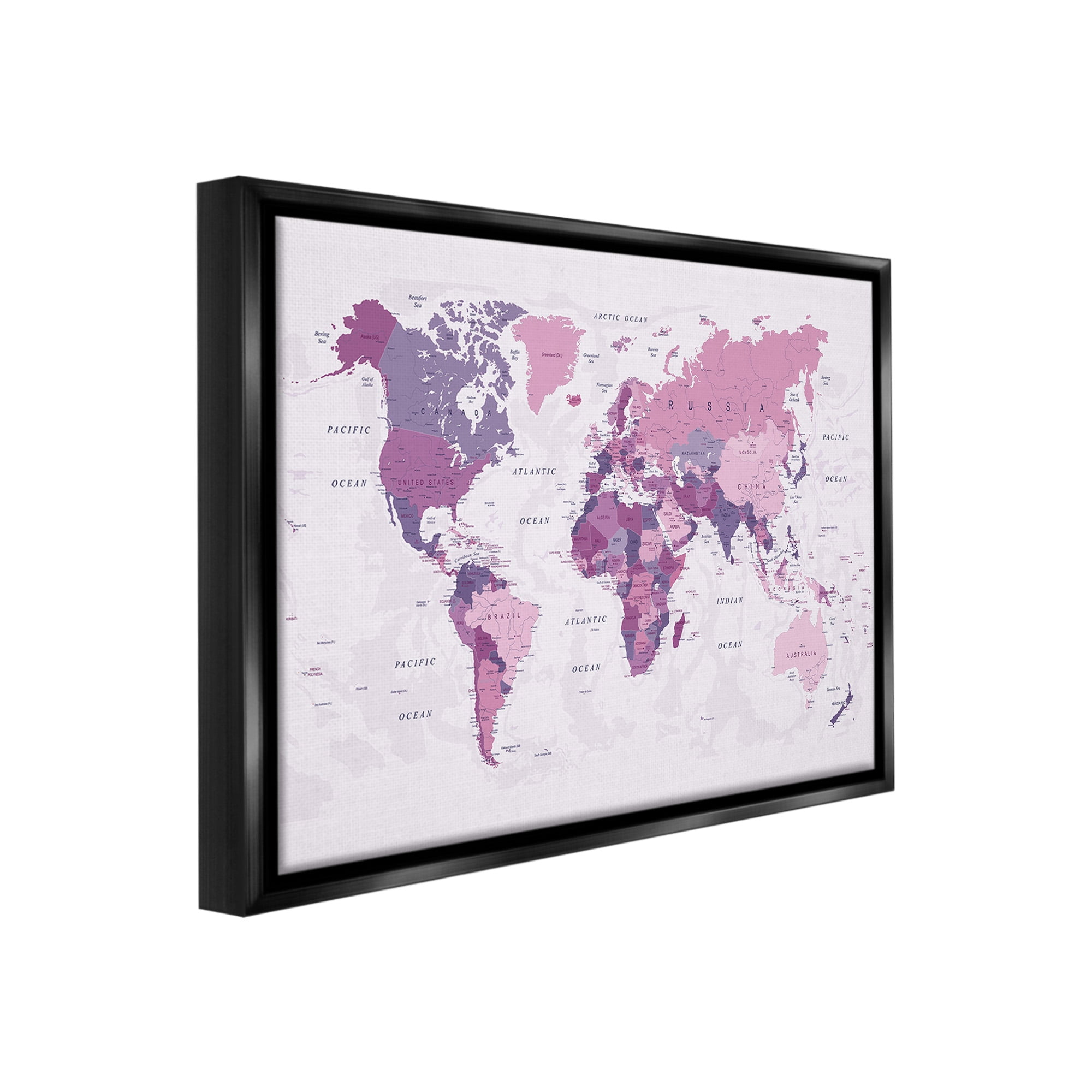 Stupell Industries Detailed Pink World Map Town & City Painting Black Floater Framed Canvas Art Print Wall Art, 21 x 17