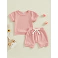 thumbnail image 2 of FEORJGP Toddler Girls Summer Outfits 0-3Y Infant Baby Short Sleeve T-shirt Crew Neck Shirt Solid Color Tops Drawstring Shorts Sets Newborn Loose Casual Daily Clothes, 2 of 9