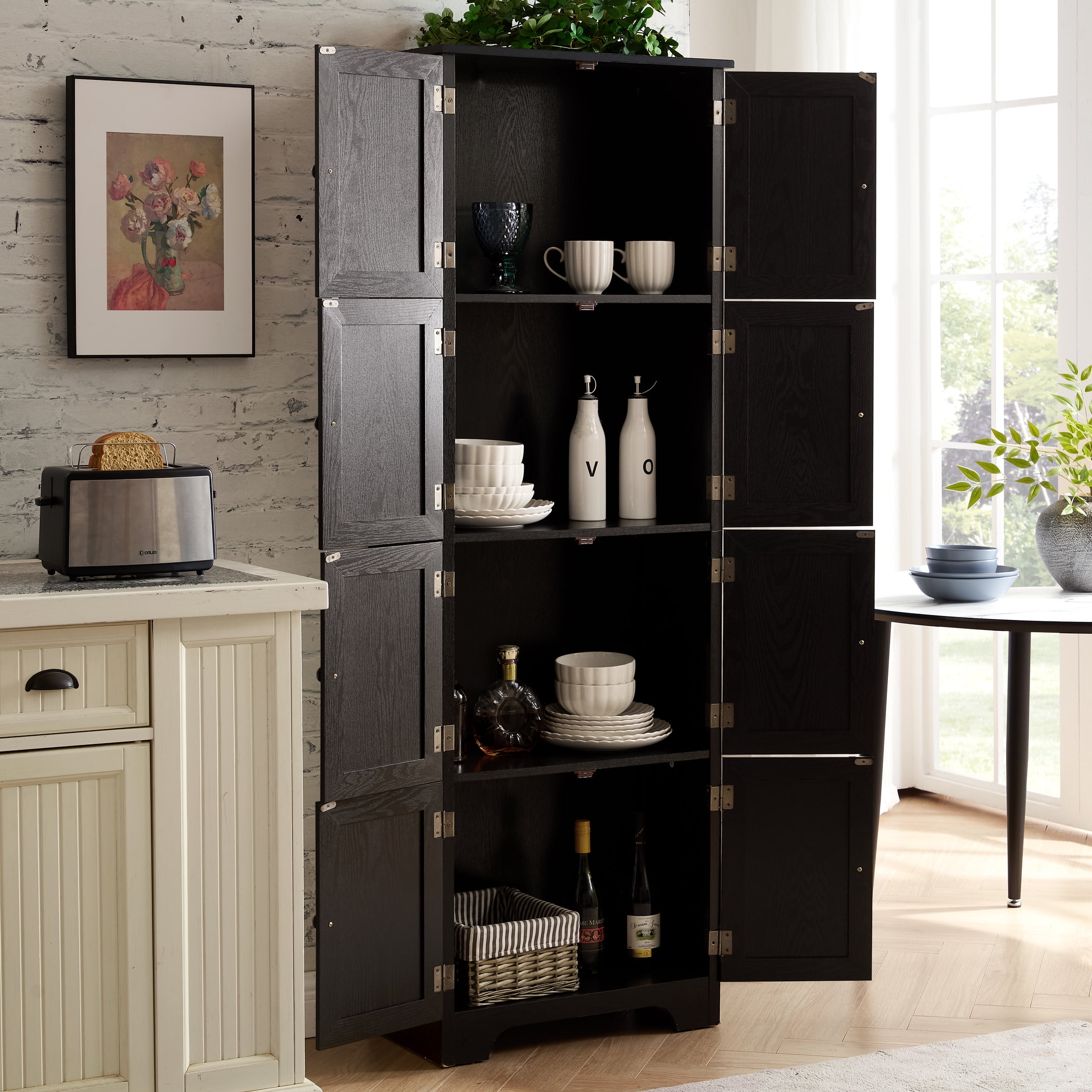 Noble House Vandal 72.4" Tall Storage Cabinet, 8-Door Freestanding Pantry Bookshelf with Shelves, Kitchen, Black