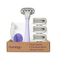 thumbnail image 1 of Flamingo Original Rasoir - Trousse de Rasage pour Femmes pour le Rasage Quotidien - Comprend 1 Manche de Rasoir, 4 Recharges à 5 Lames et 1 Support de Douche - Bande Lubrifiante - Prise Antidérapante - Charnière Flexible - Lilas, 1 of 7