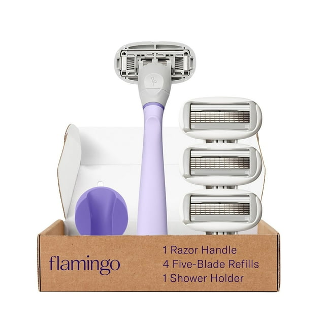 Flamingo Original Rasoir - Trousse de Rasage pour Femmes pour le Rasage Quotidien - Comprend 1 Manche de Rasoir, 4 Recharges à 5 Lames et 1 Support de Douche - Bande Lubrifiante - Prise Antidérapante - Charnière Flexible - Lilas