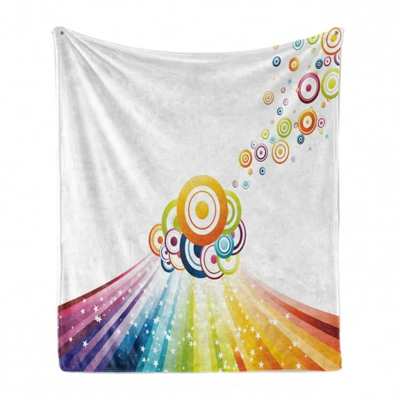 Vintage Rainbow Soft Flannel Fleece Blanket, Colorful Stripes Wave and Bullseye Circles Pattern with Stars Illustration, Cozy Plush for Indoor and Outdoor Use, 60" x 80", Multicolor, by Ambesonne