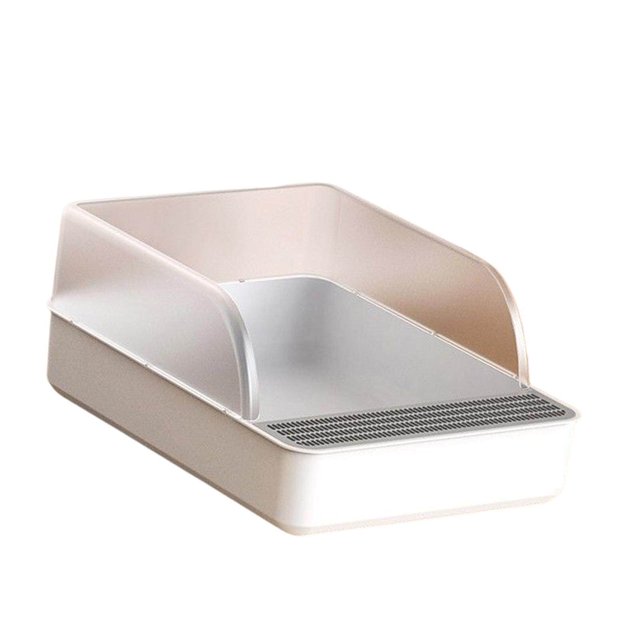 Maoww Cat Litter Box Kitty Litter Pan High Sided Rim Deep Toilet for Small Cats. A rectangular litter box with high sides and a deep base, featuring a grated entry area to reduce litter tracking. Designed for small cats, suitable for indoor use.