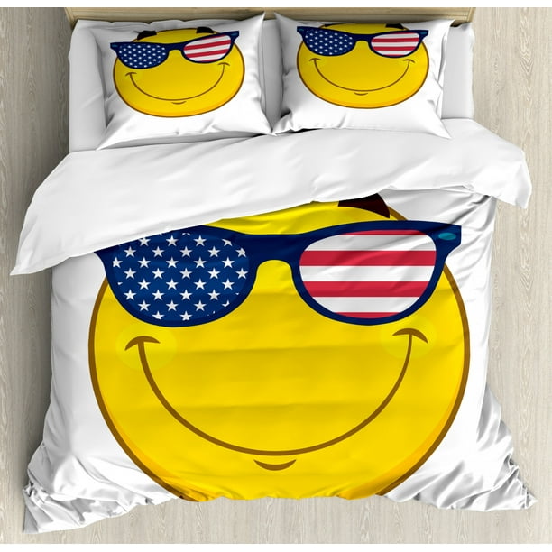 Smile Duvet Cover Set Cheerful Emoji Face Character With Usa Flag Sunglasses Decorative Bedding Set With Pillow Shams Night Blue Dark Pink Yellow Dark Brown By Ambesonne Walmart Com Walmart Com