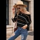 thumbnail image 5 of Suéter de Mujer con Cuello , Mangas 3/4, Diseño de Crochet, Color Block, Rayas Negras, Talla L, 5 of 9