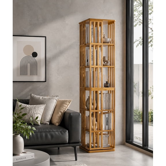 Bamboo 6-Tier Rotating Bookcase ,360° Display Spinning Bookshelf, Space-Saving Floor Standing Narrow Storage Rack for Home, Office, Kids’ Room,Brown
