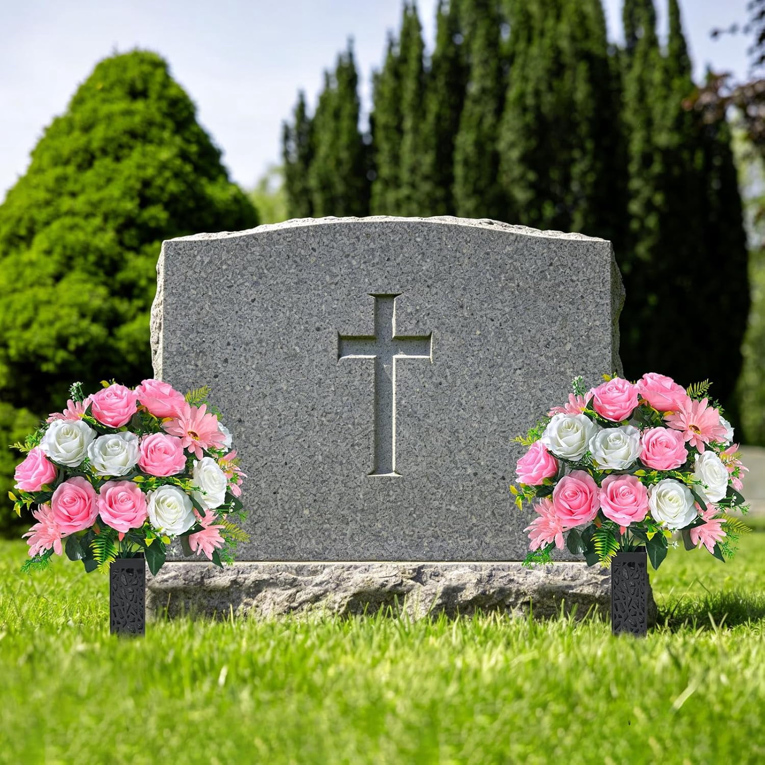 Lyacmy Set of 2 Artificial Cemetery Flowers with Vase, Memorial Day Flowers for Cemetery Outdoor Grave Headstones Decorations, White Pink