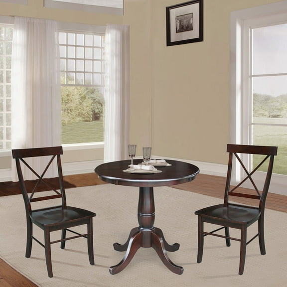 30'' Round Solid Wood Pedestal Dining Table with 2 Cross Back Dining Chairs in Rich Mocha