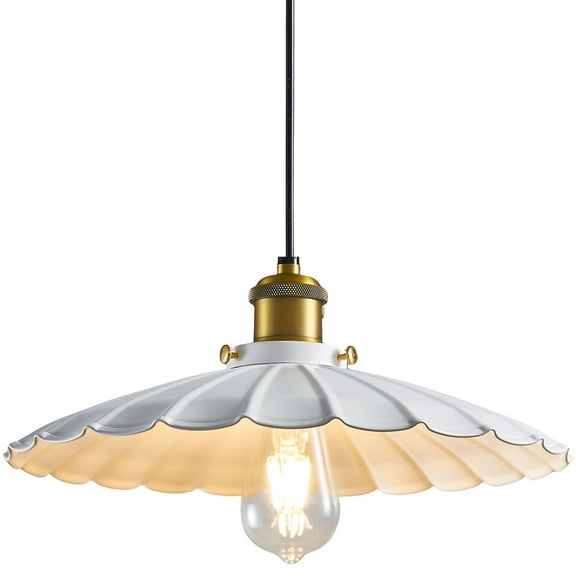 Oyisen Pendant Lights, 13.8 Inch Glossy White Lampshade Kitchen Pendant Lights Height Adjustable Island Pendant Lights for Kitchen Industrial Style Hanging Light for Bedroom