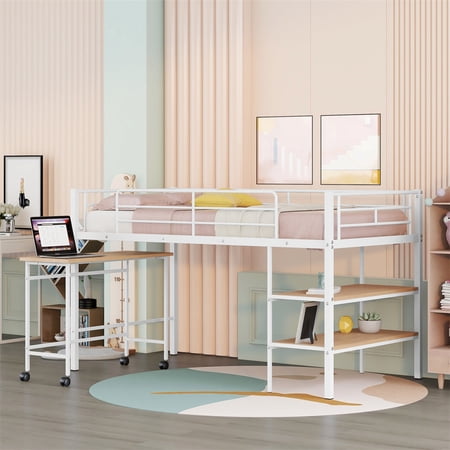 Twin Size Metal Loft Bed with Rolling Desk and Shelves for Boys  Girls and Teens  Twin Size Bed Frame with Metal Slat Supports and Full-Length Guardrails  No Box Spring Needed  Space Saving  White
