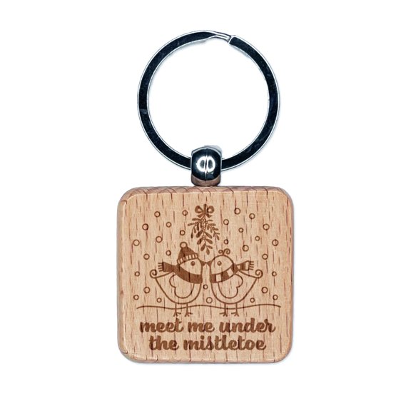 Kissing Birds Meet Me Under the Mistletoe Christmas Square Keychain Charm Tag - Engraved Wood