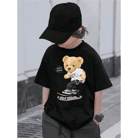 children’s wear Cute Teddy Bear Skateboard Graphic T-Shirt for Kids Boys Girls, Retro Skateboarding Bear Cotton Short Sleeve Casual Summer Top
