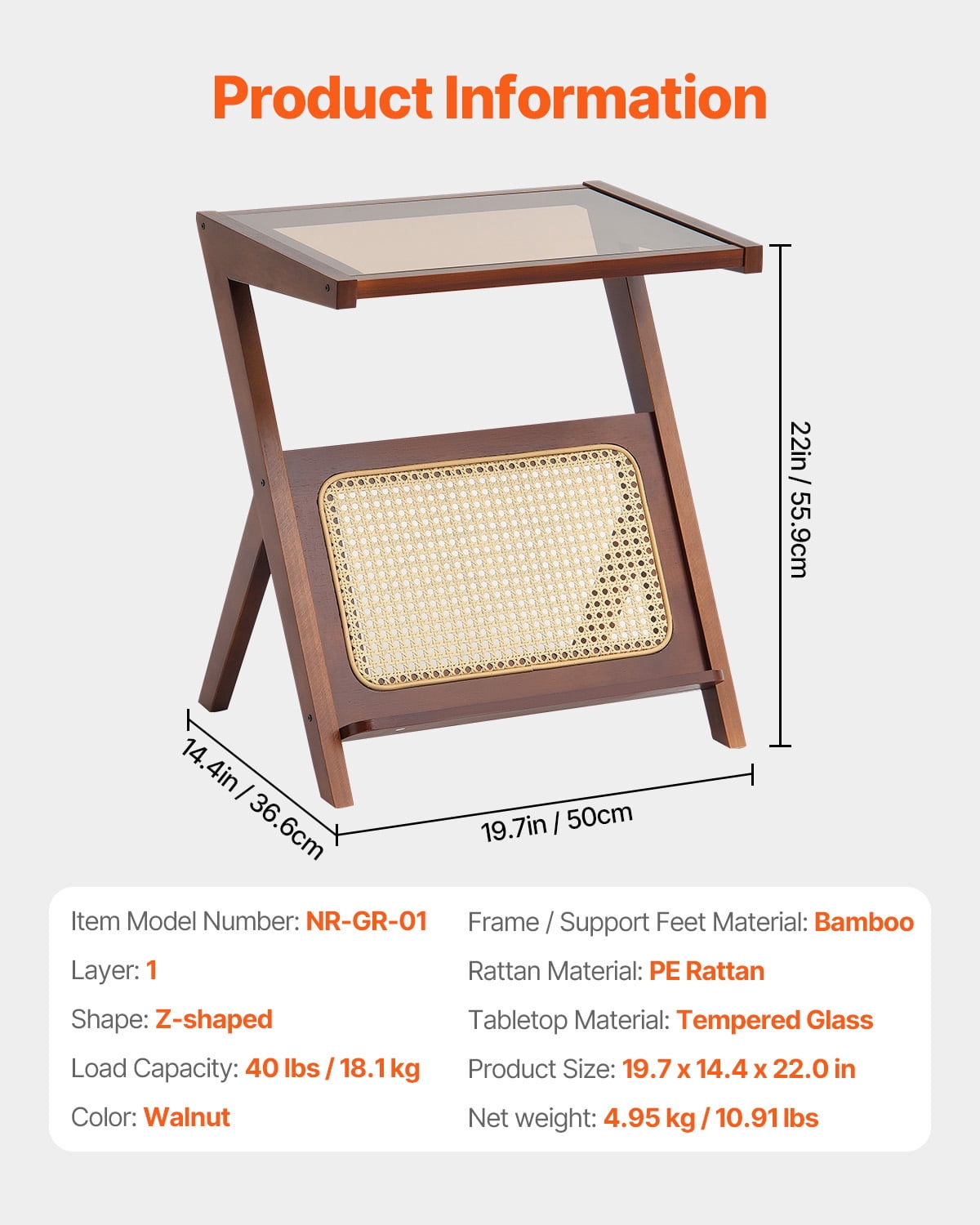 KFFKFF Bamboo Coffee Table, Contemporary Z-Form Rattan Weaved Table with Reinforced Glass Surface, 20” Bohemian Style Storage Table with Authentic Bamboo Stands, Suitable for Lounge, Bedroom