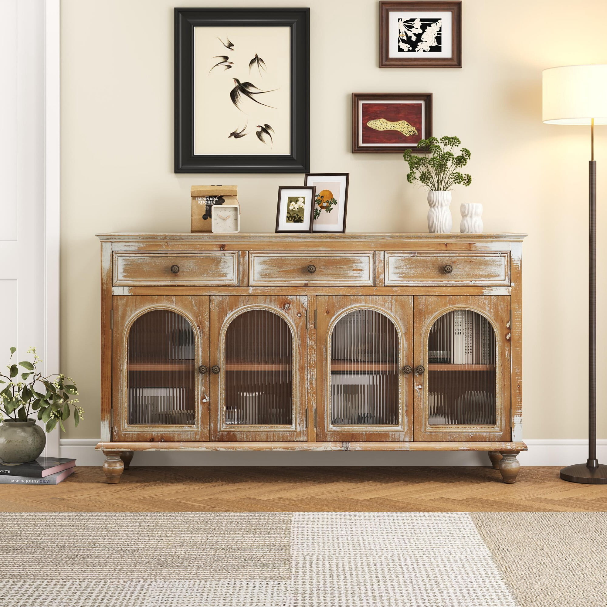 AENKYO 59" Farmhouse Sideboard Buffet, Distressed Wood Credenza with 3 Drawers & 4 Fluted Glass Doors, Natural