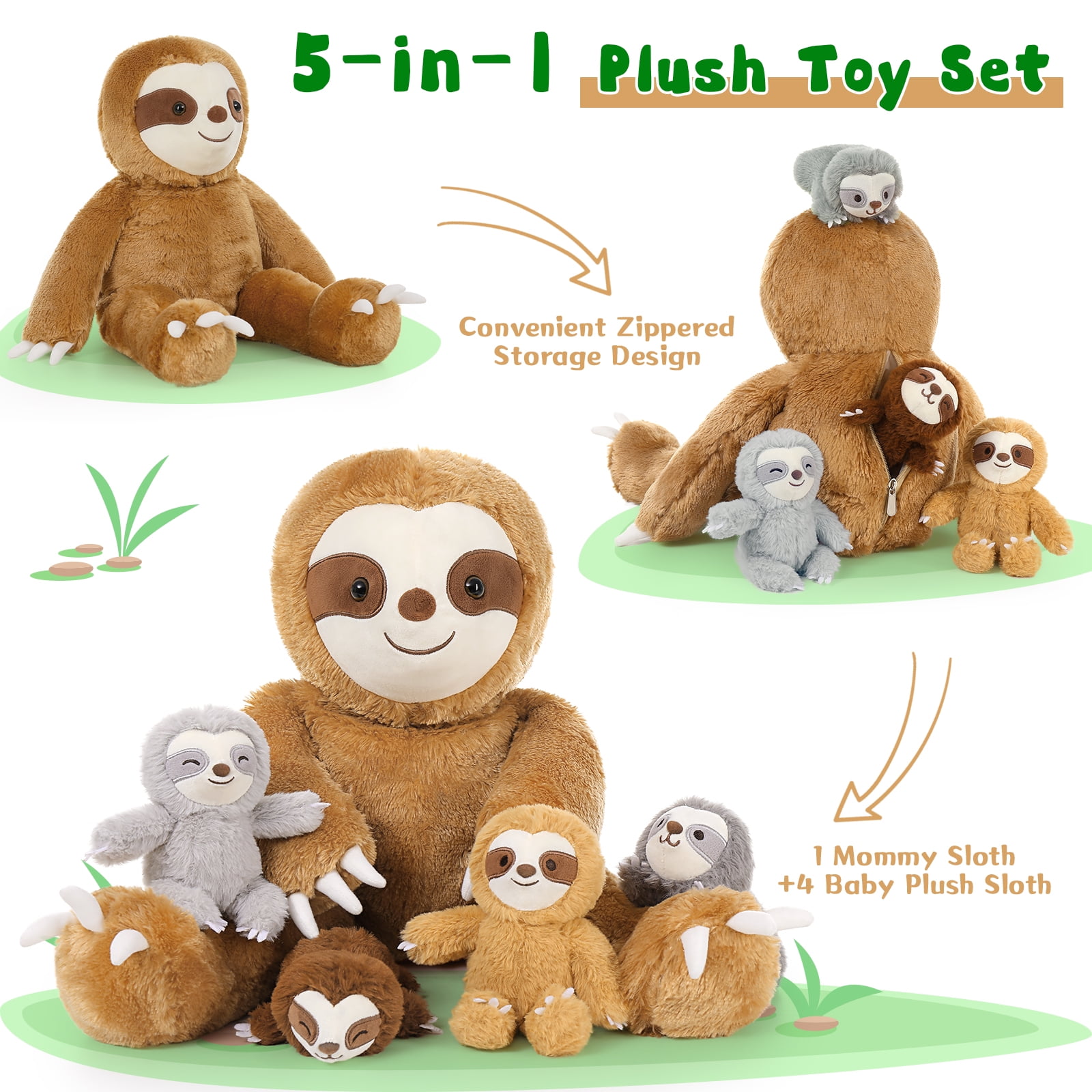 Muiteiur 5 Pcs Sloth Stuffed Animal 23'' Sloth Plush with 4 Babies Plush Toy