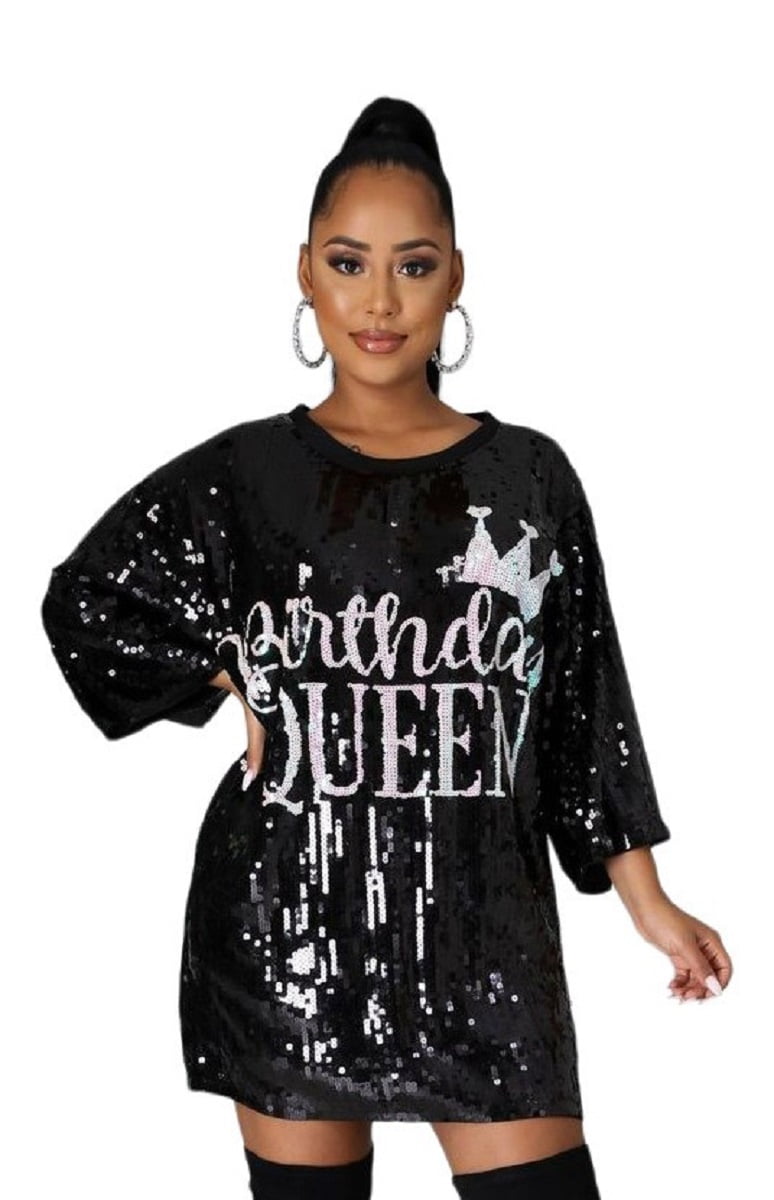 2Chique Boutique Women's Sequin T Shirt Dress Birthday Queen One Size Fits  All Black - Walmart.com