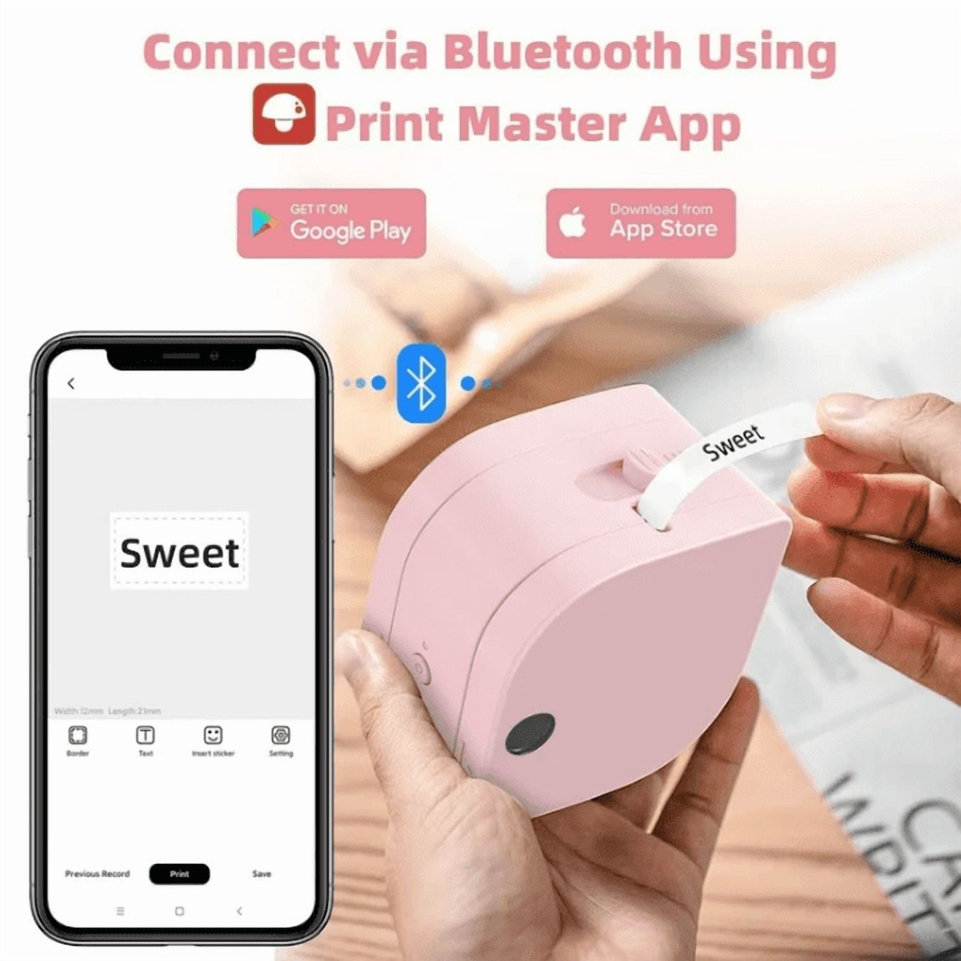 Wuduguer P12 Label Maker Machine with Tape, Portable Bluetooth Small Thermal Label Printer with Multiple Templates Handheld Mini Label Maker for Home, Kitchen, Organization, Office, Pink