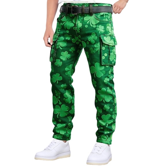 CONZONE St. Patrick's Day Mens Baggy Cargo Shorts Green Clover Graphic Buttons Cargo Pants for Men Lightweight Relaxed Fit Streetwear Workout Trousers With Pockets