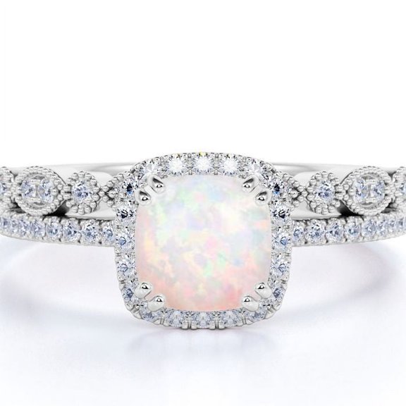 JeenMata Vintage 2 ct Halo Cushion Cut Opal and Moissanite Bridal Set in 18K White Gold over Silver