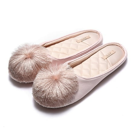 

CoCopeaunt Elegant Women House Slippers Tassel-ball Pom-Pom Home Bedroom Flat Shoes Non-slip Solid Indoor Ladies Slides Mules