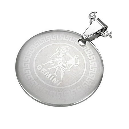 - Stainless Steel Silver-Tone Greek Key Zodiac Sign Necklace Pendant - Gemini, 24
