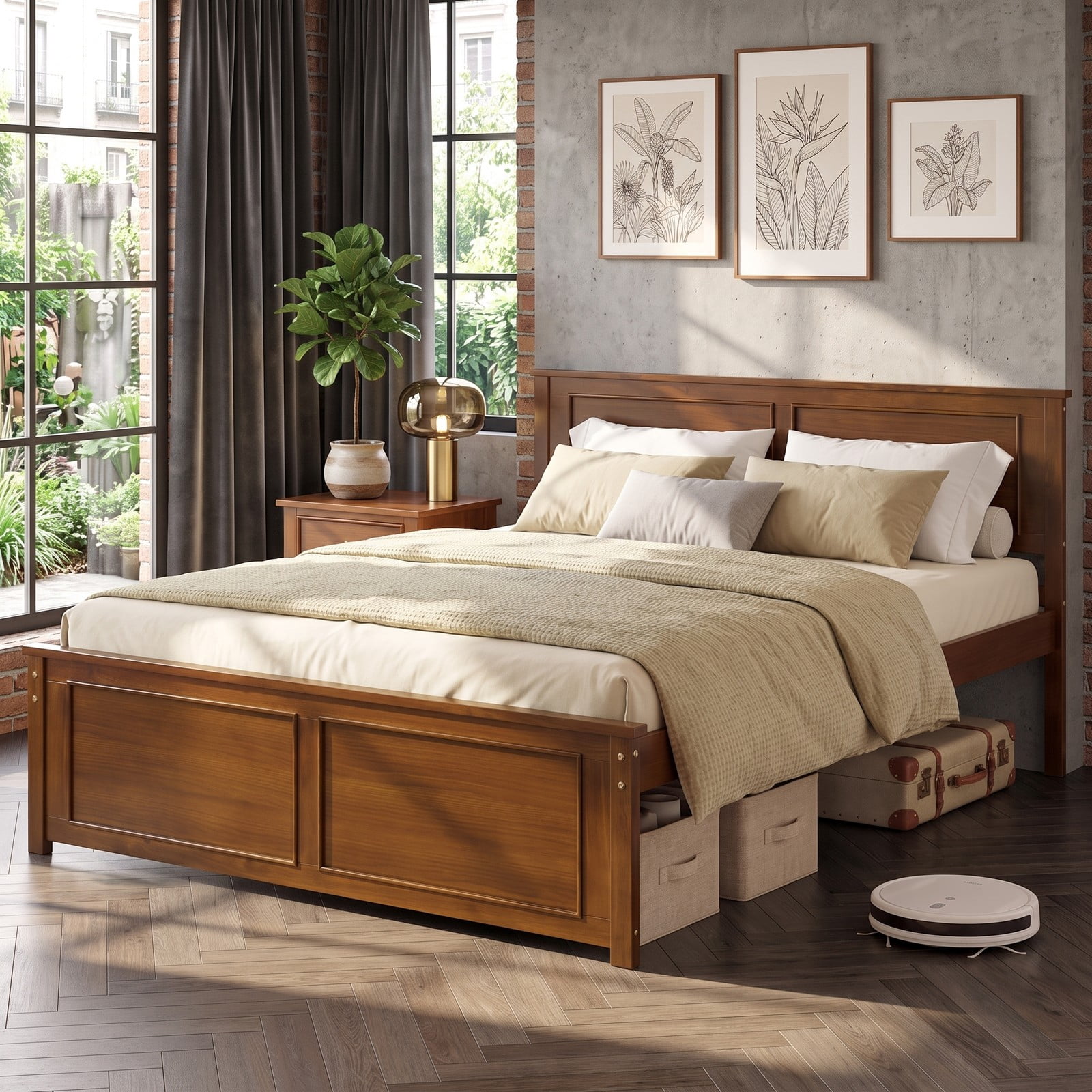 Furnibear Full Size Bed Frame Wood Platform Bed Frame with Raised Panel Headboard and Footboard and Slat Support, Walnut
