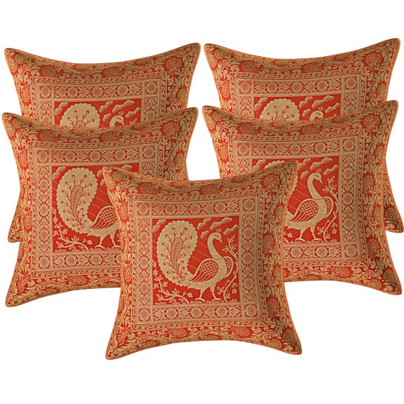 Stylo Culture Ethnic Living Room Brocade Red And Gold Throw Pillow Covers 16x16 Jacquard Weave Sofa Christmas Pillow Slipcovers Dancing Peacock Floral 40x40 cm Decorative Cushion Covers (Set Of 5)