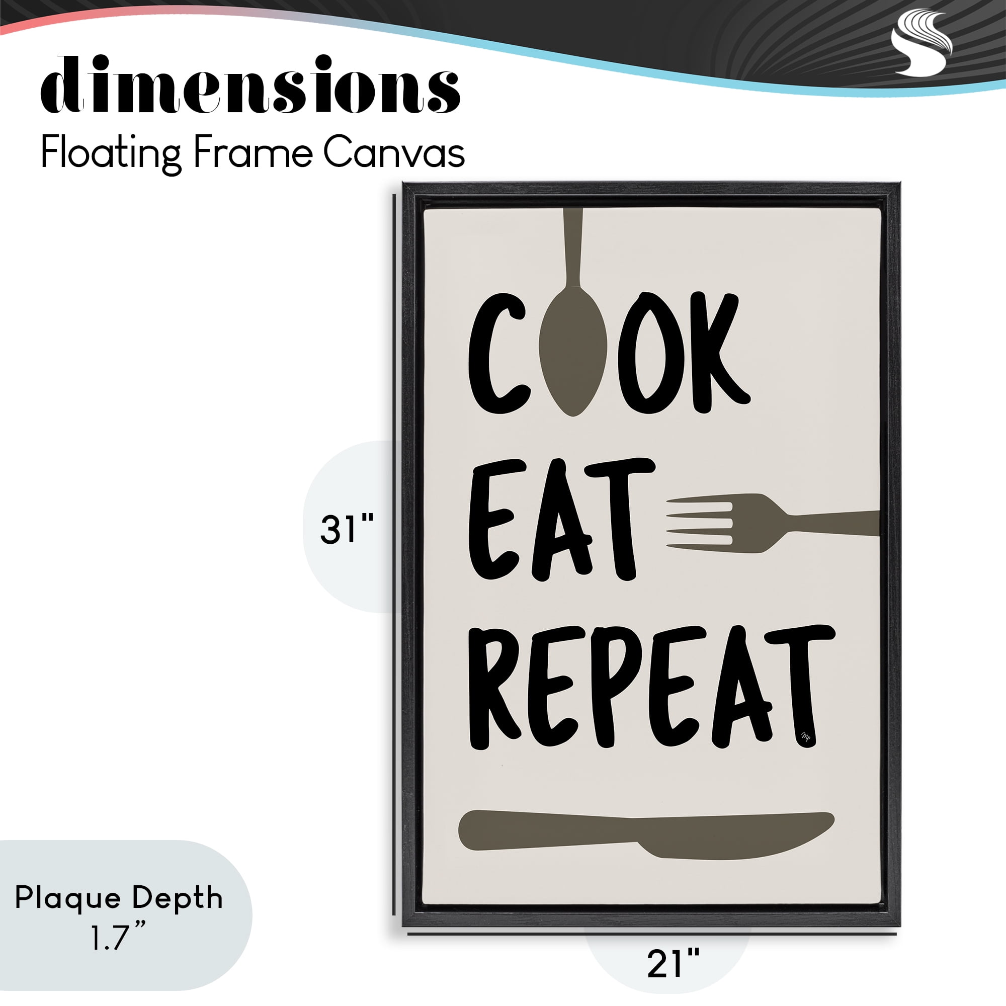 Stupell Industries Cook Eat Repeat with Utensils Black Framed Floater Canvas Wall Art, design by Martina Pavlova