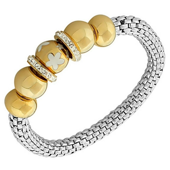 Stainless Steel Two-Tone Flowers Floral Design White CZ Stretch Mesh Bracelet