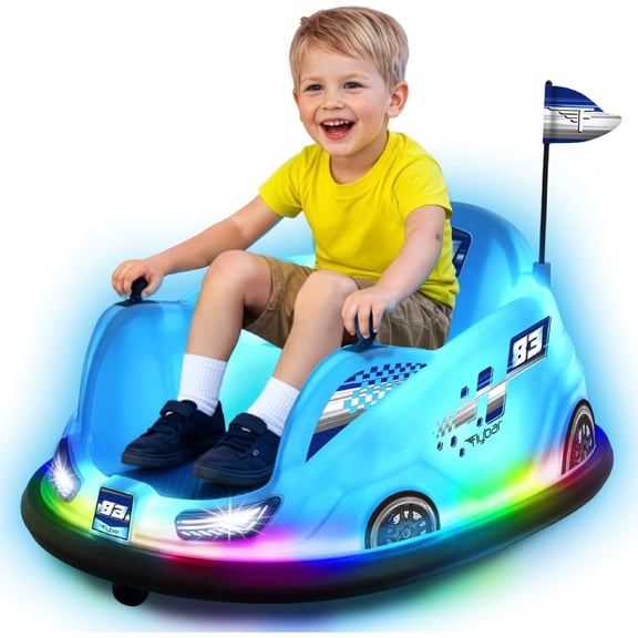 Flybar 12V Glow Bumper Car Ride On Toy with 360° Spins, Multi-Color LED Lights, Max Weight of 100lbs, Age 4-9yrs, Blue