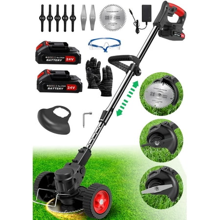TNTANTS Electric Weed Wacker  Cordless String Trimmer with Wheels  2Pcs 24V Batteries  3 Types of Blades  Adjustable Length  Weed Eater Grass Trimmer/Edger/Brush Cutter for Lawn Yard Garden (Black)