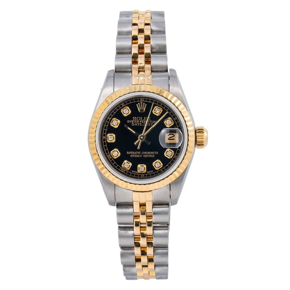 Pre-Owned Rolex Lady-Datejust 69173 26mm Black Diamond Dial Two-Tone Jubilee Bracelet Watch