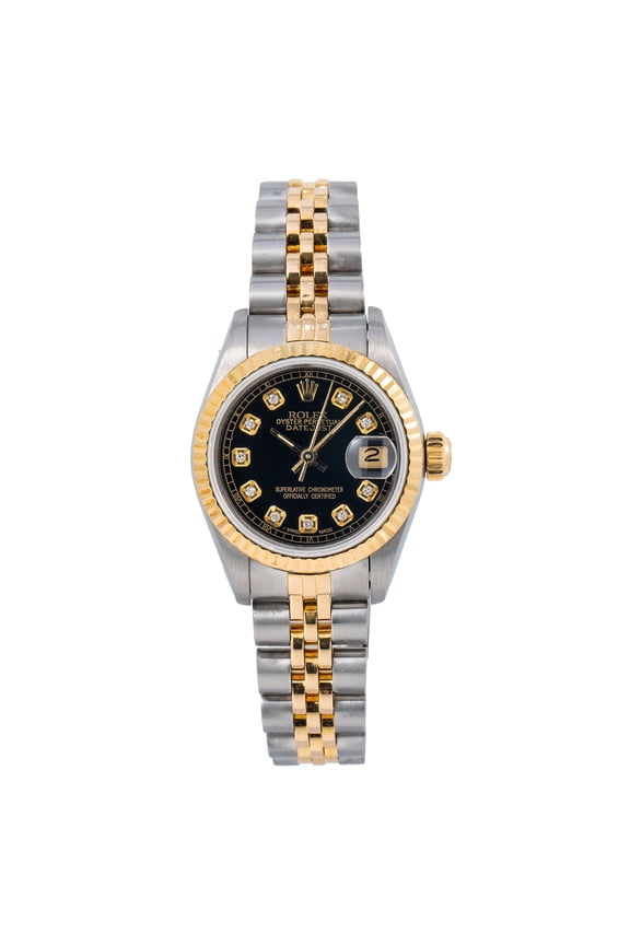 Pre-Owned Rolex Lady-Datejust 69173 26mm Black Diamond Dial Two-Tone Jubilee Bracelet Watch