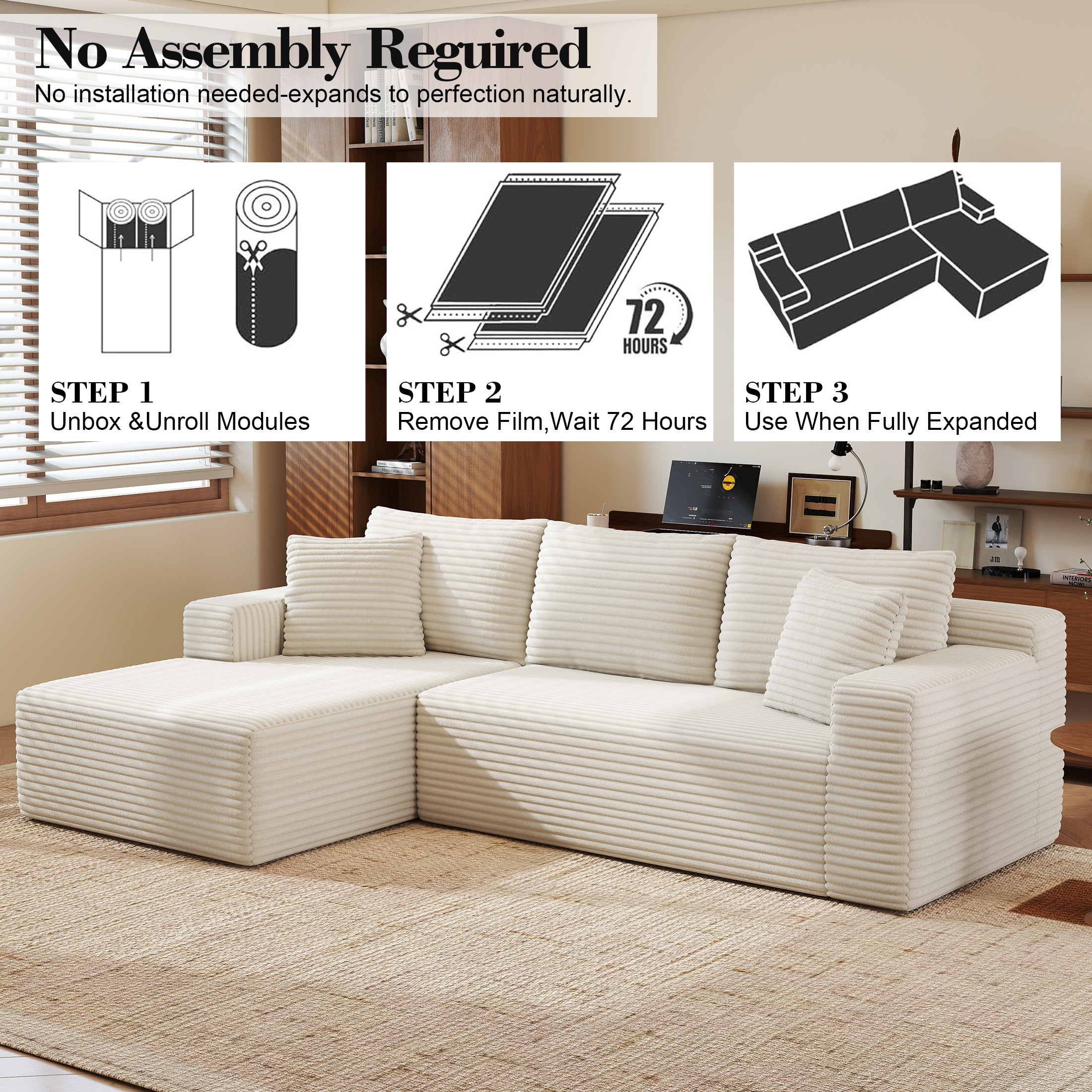 AENKYO Modular Sectional Couch with L-Shape Chaise — Modern Living Room Sofa, White, Left-Facing, No Assembly