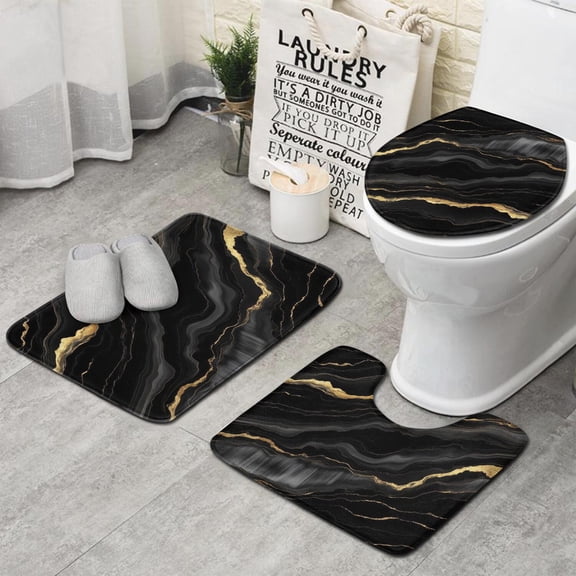 Black Gold Marble Pattern Bathroom Rugs Sets 3 Piece,Toilet Cover Set,Absorbent Non Slip Bathroom Mats Sets with U-Shaped Contour Rug Toilet Rug Set